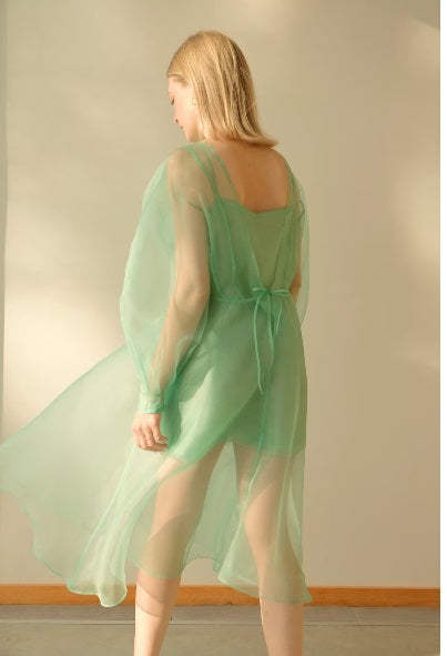 Chic Mint Green Organza Midi Dress with Puffy Sleeves Stylish and Fresh