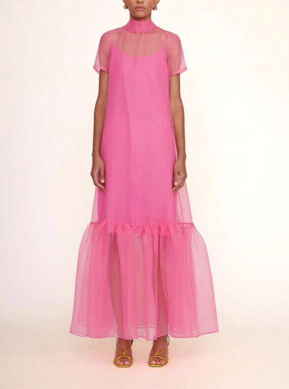 Beautiful Pink Organza Maxi Dress with Short Sleeves – Stylish Wedding Guest Attire