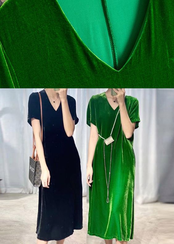 Versatile Green Velvet Midi Casual Dress Pullover and Loose for Comfort