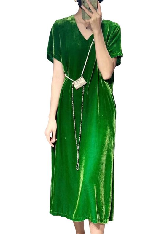 Versatile Green Velvet Midi Casual Dress Pullover and Loose for Comfort