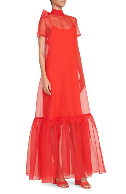 Beautiful Pink Organza Maxi Dress with Short Sleeves – Stylish Wedding Guest Attire