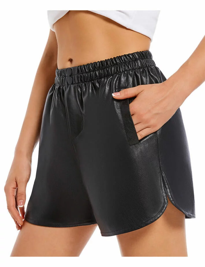 Elastic Waist Leather Shorts Black Hot Pants