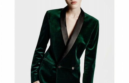 Women Jacket Green Velvet Blazer Tuxedo Wedding Prom Double Breasted Coat Gift For Her